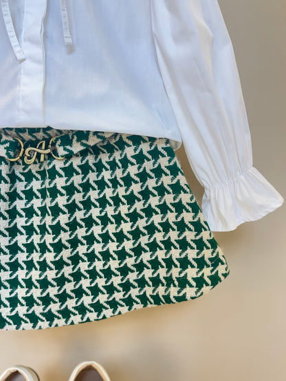 Conjunto Infantil Camisa com Laço na Gola e Saia Tweed Xadrez Verde - Animê