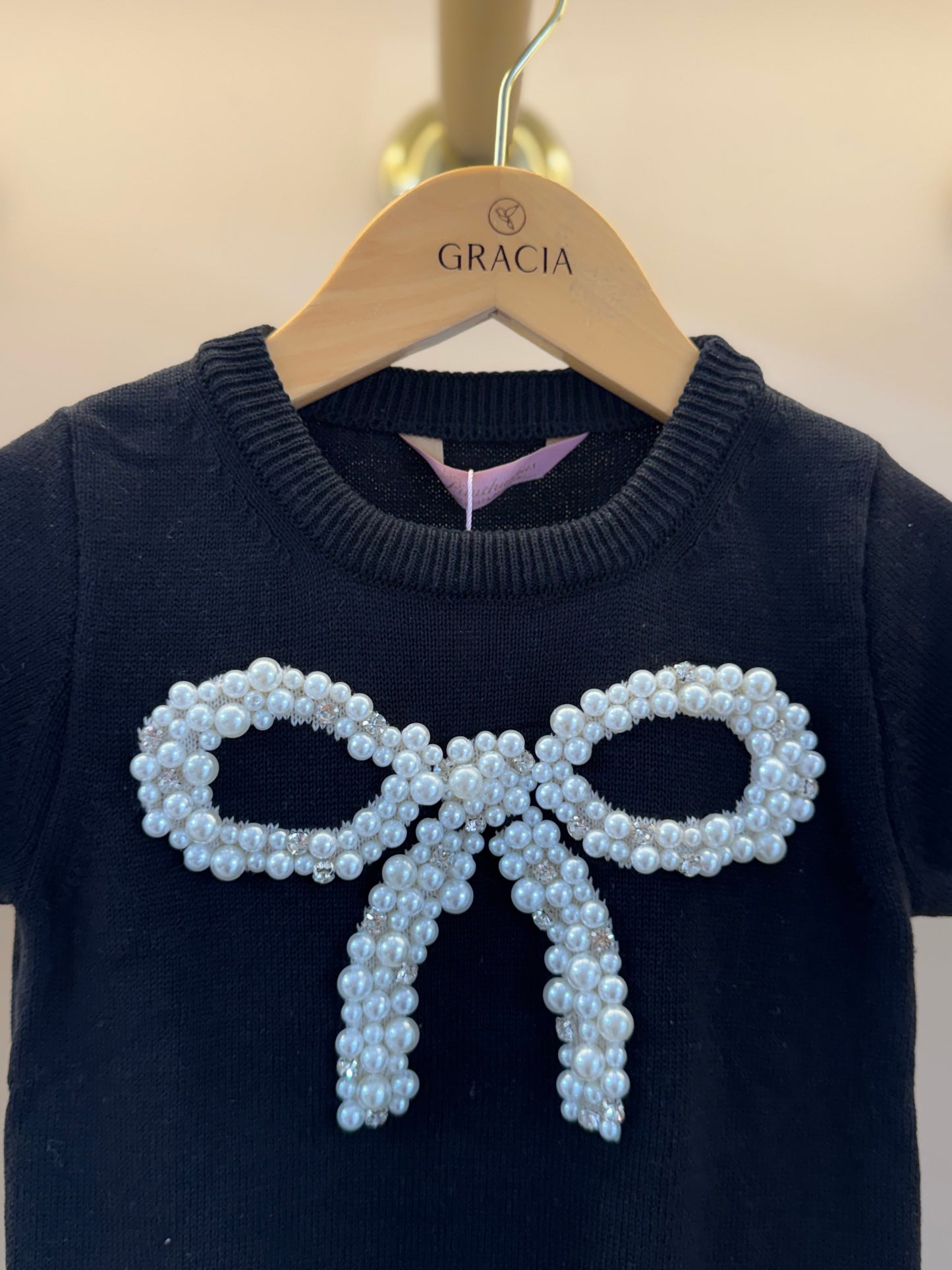 Blusa Infantil Tricot Maxi Laço Bordado Pérolas e Cristais Preta - Pituchinhus