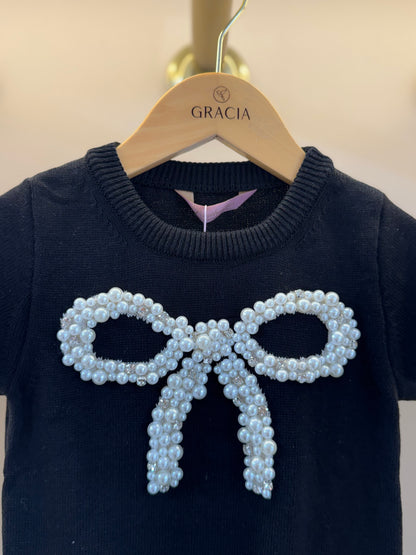 Blusa Infantil Tricot Maxi Laço Bordado Pérolas e Cristais Preta - Pituchinhus
