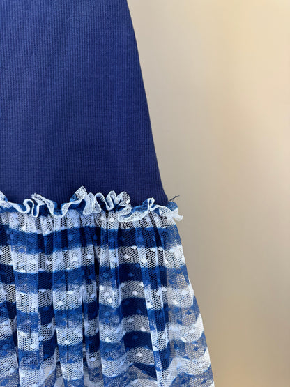 Vestido Infantil Tule Estampado Com Aplicação de Crochê e Laço de Vies - Luluzinha