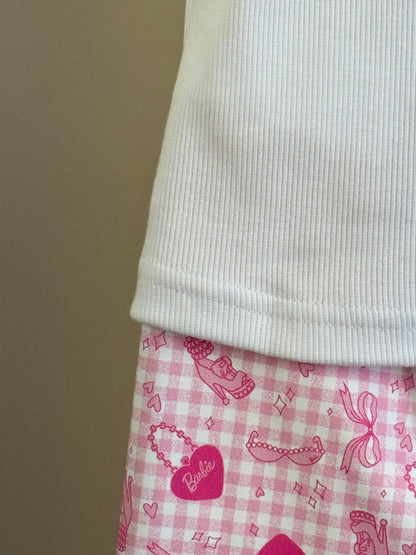 Conjunto Infantil Blusa Barbie Strass Branca e Calça Legging Barbie Rosa Xadrez - Pituchinhus
