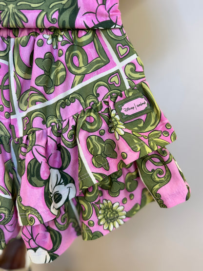 Conjunto Infantil Blusa e Shorts Maxi Minnie Barrado Rosa e Verde Forest - Animê PRÉ-VENDA