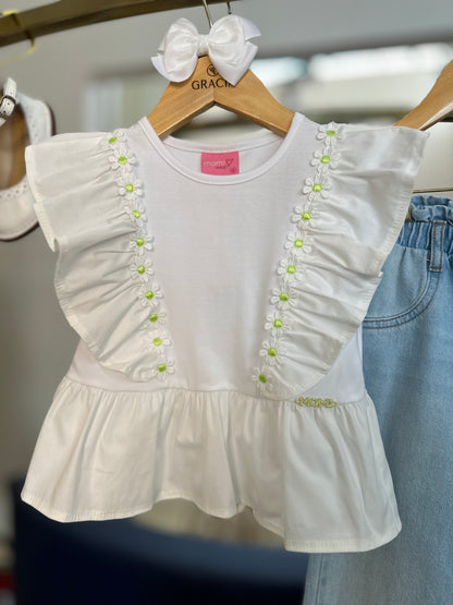 Conjunto Infantil Blusa Babados Bordados e Calça Pingente M - Momi