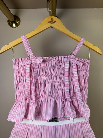 Conjunto Teen Blusa Cropped Franzido e Shorts Saia Rosa Listrado - Authoria