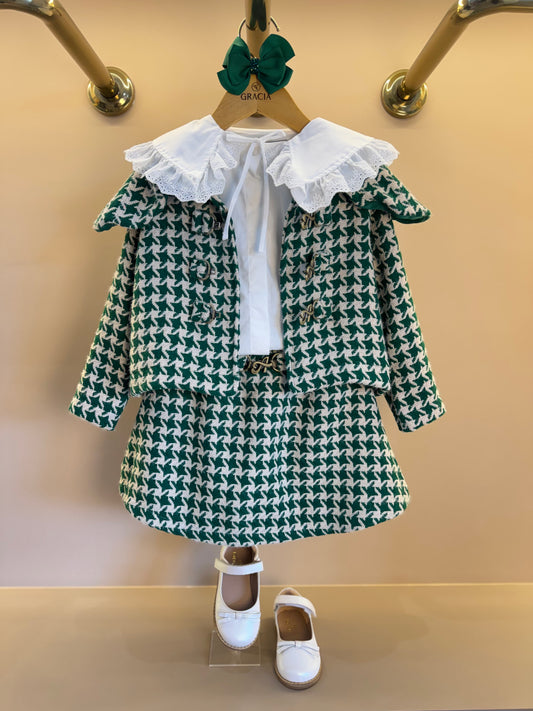 Conjunto Infantil Trio Casaco Tweed Xadrez, Camisa Gola Babados Rendas e Saia Tweed Xadrez - Animê