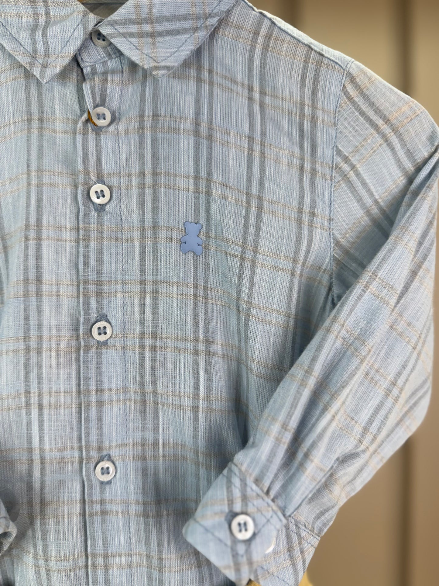 Conjunto Bebê Camisa-Body Algodão Xadrez ML Azul e Calça Sarja com Elastano Bege - Dame