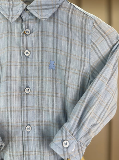 Conjunto Bebê Camisa-Body Algodão Xadrez ML Azul e Calça Sarja com Elastano Bege - Dame