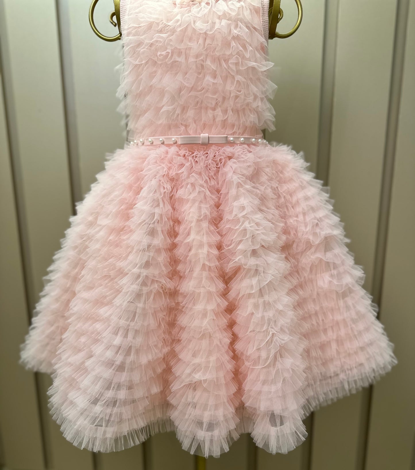 Vestido Infantil Conceito Frufru Tule Cinto Pérola Rosa Gelado - Pituchinhus