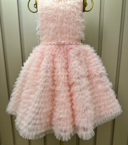 Vestido Infantil Conceito Frufru Tule Cinto Pérola Rosa Gelado - Pituchinhus