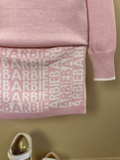 Conjunto Infantil Tricot Blusa Barbie Strass e Saia Jacquard Barbie Patches Sugar Rose - Pituchinhus