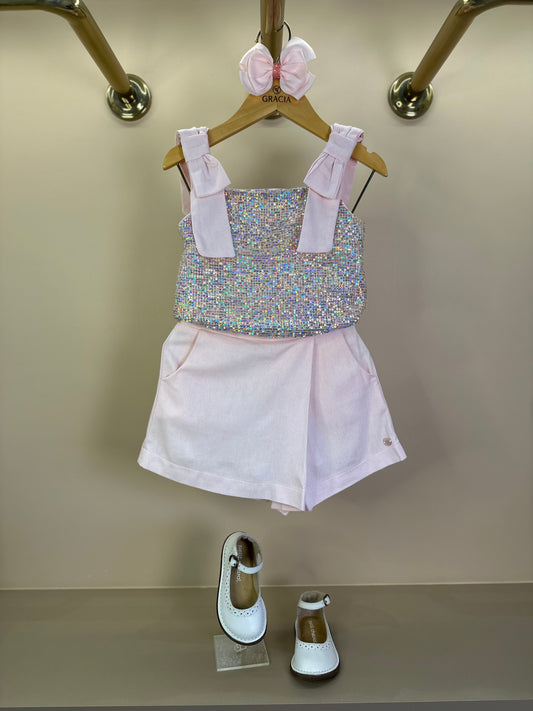 Conjunto Infantil Blusa Paetê Laços Laterais e Saia Linho - Petit Cherie