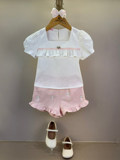 Conjunto Infantil Short Bailarinas E Blusa Bata Em Tricoline Off White - Gabriela Aquarela