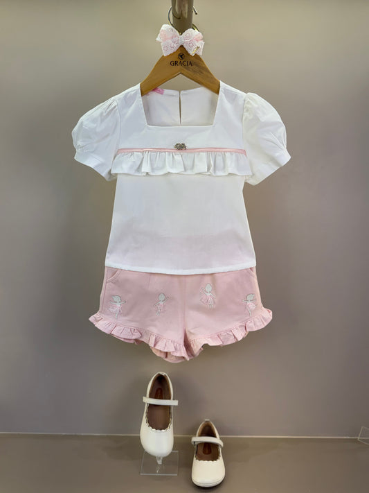 Conjunto Infantil Short Bailarinas E Blusa Bata Em Tricoline Off White - Gabriela Aquarela