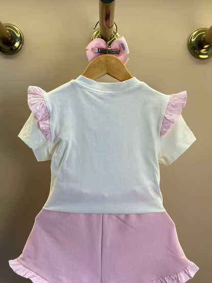 Conjunto Infantil Blusa Algodão Cotton Floral  Strass e Shorts Moletocotton Babadinho Rosa - Luluzinha