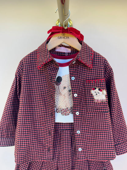 Conjunto Infantil Trio Xadrez Camisa Max Patche Cachorrinho, Blusa Cristais e Saia-shorts Pregas - Pituchinhus