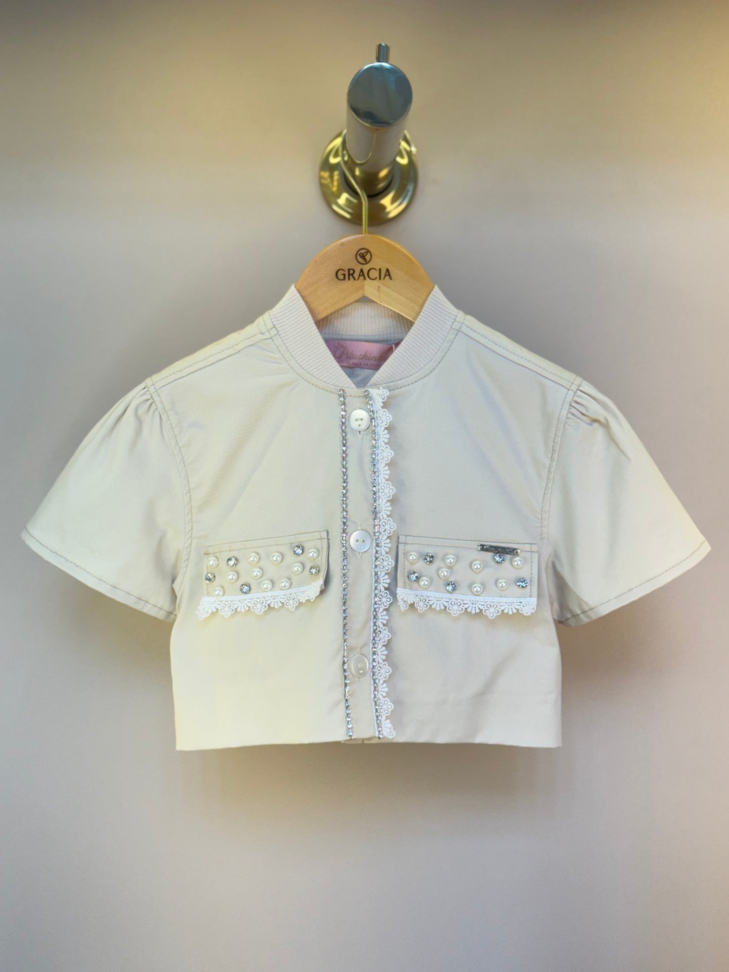 Jaquetinha Manga Curta Infantil Bordados Pérolas e Cristais - Pituchinhus
