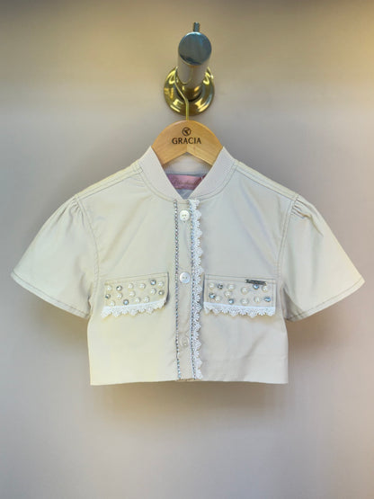 Jaquetinha Manga Curta Infantil Bordados Pérolas e Cristais - Pituchinhus