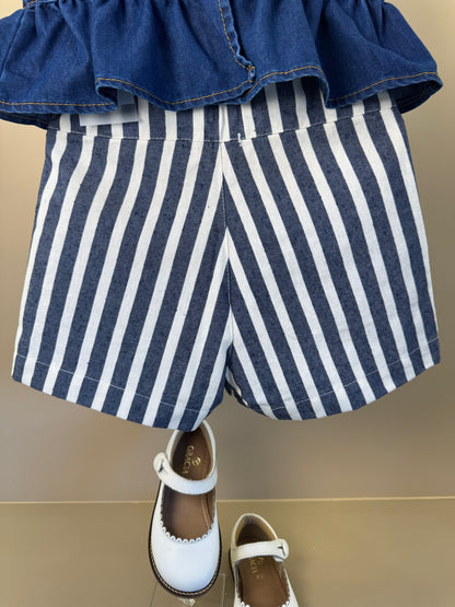 Conjunto Infantil Blusa Jeans Com Babado e Shorts Alfaiataria Listrado - Luluzinha