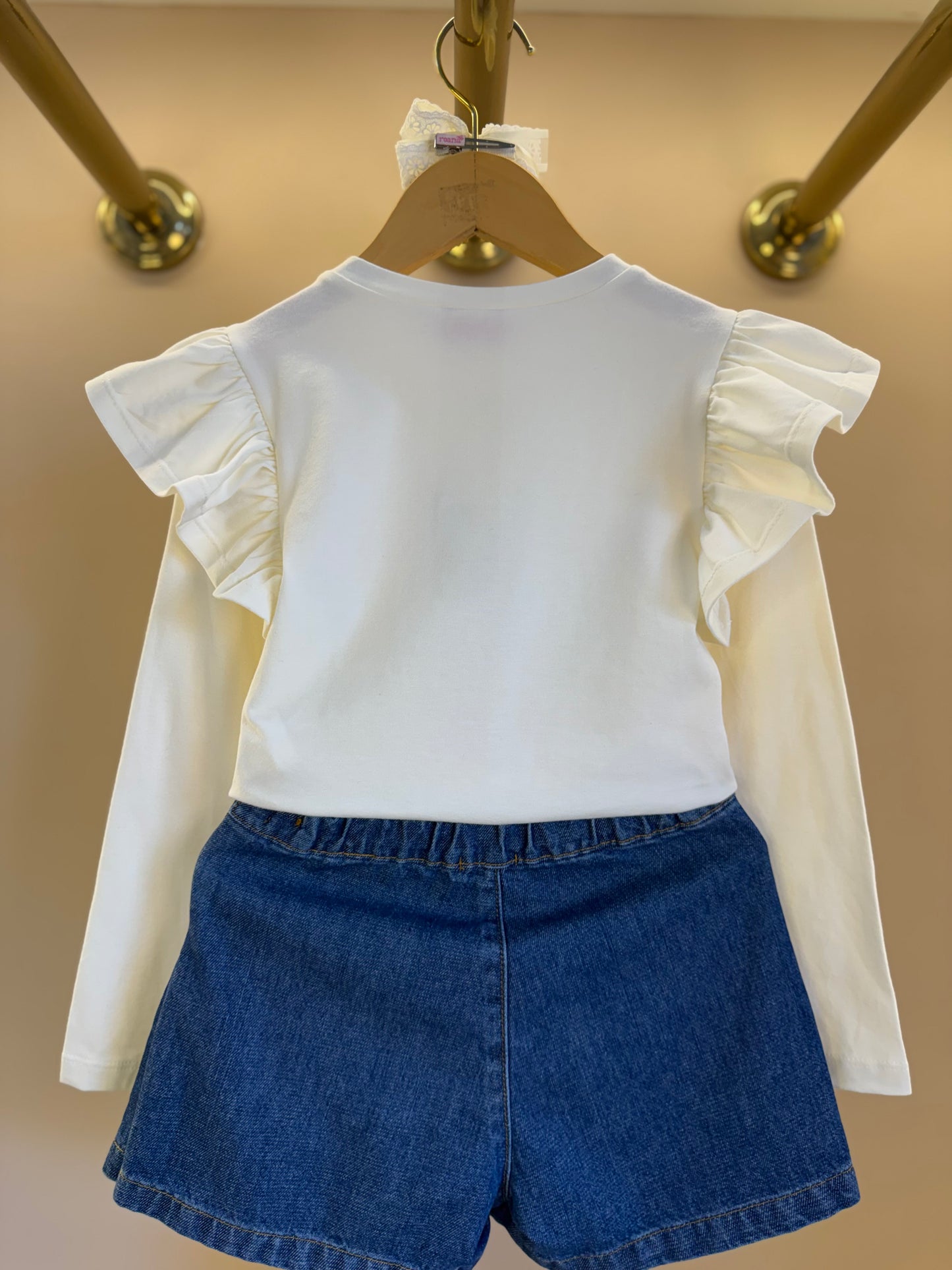 Conjunto Infantil Blusa ML Laço e Saia-shorts Jeans Pochete Laço Pérolas - Luluzinha