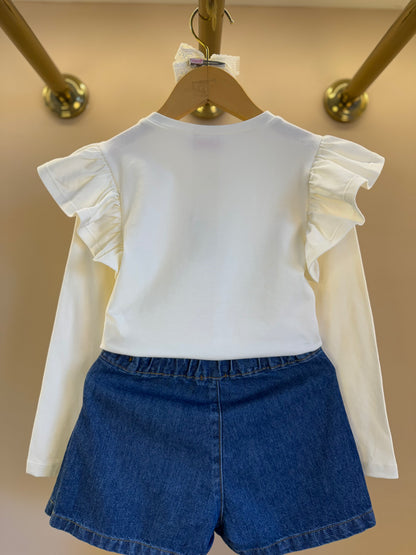 Conjunto Infantil Blusa ML Laço e Saia-shorts Jeans Pochete Laço Pérolas - Luluzinha