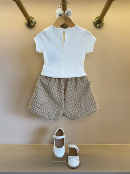 Conjunto Infantil Blusa Essential Mini-Joia e Saia Pregas Tweed Bege - Animê Petite