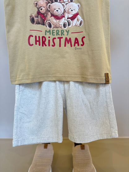 Conjunto Infantil Camiseta Algodão Teddy Natal e Bermuda Linho Elastano Bege - Dame