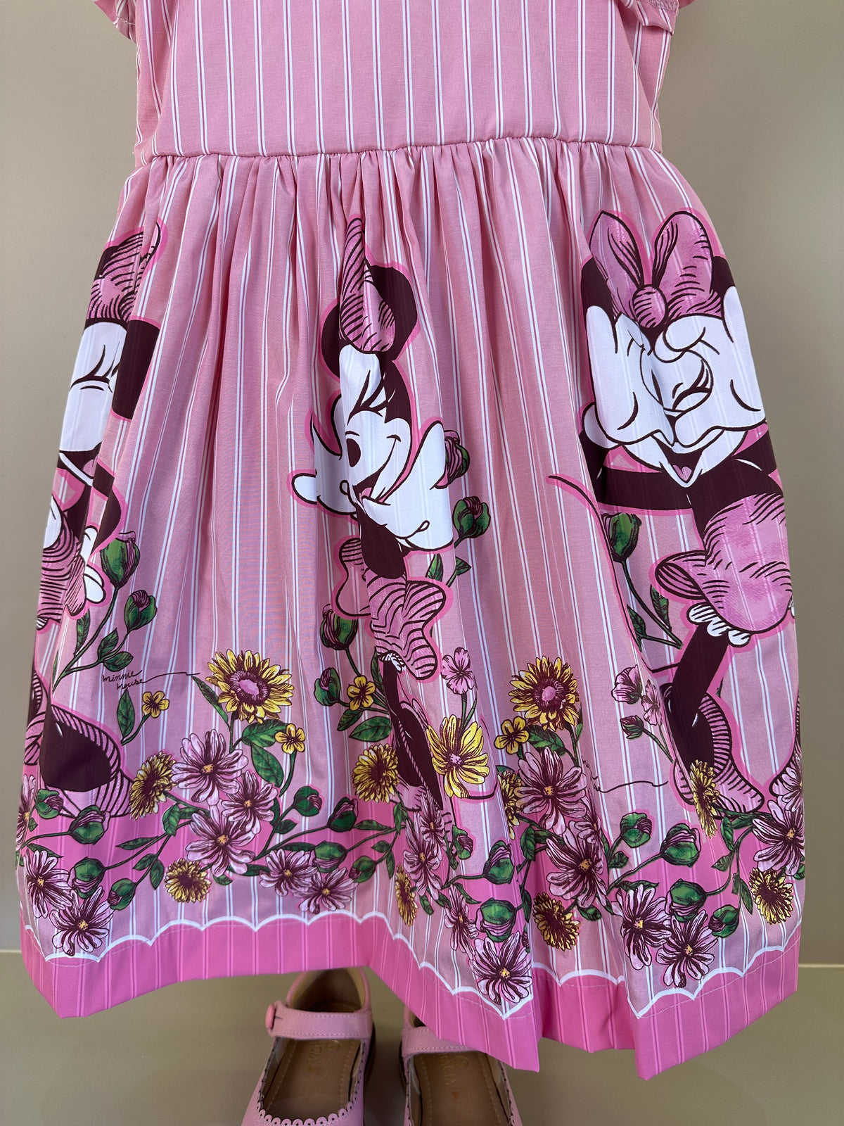 Vestido Infantil Rosa Listrado Minnie Floral - Animê