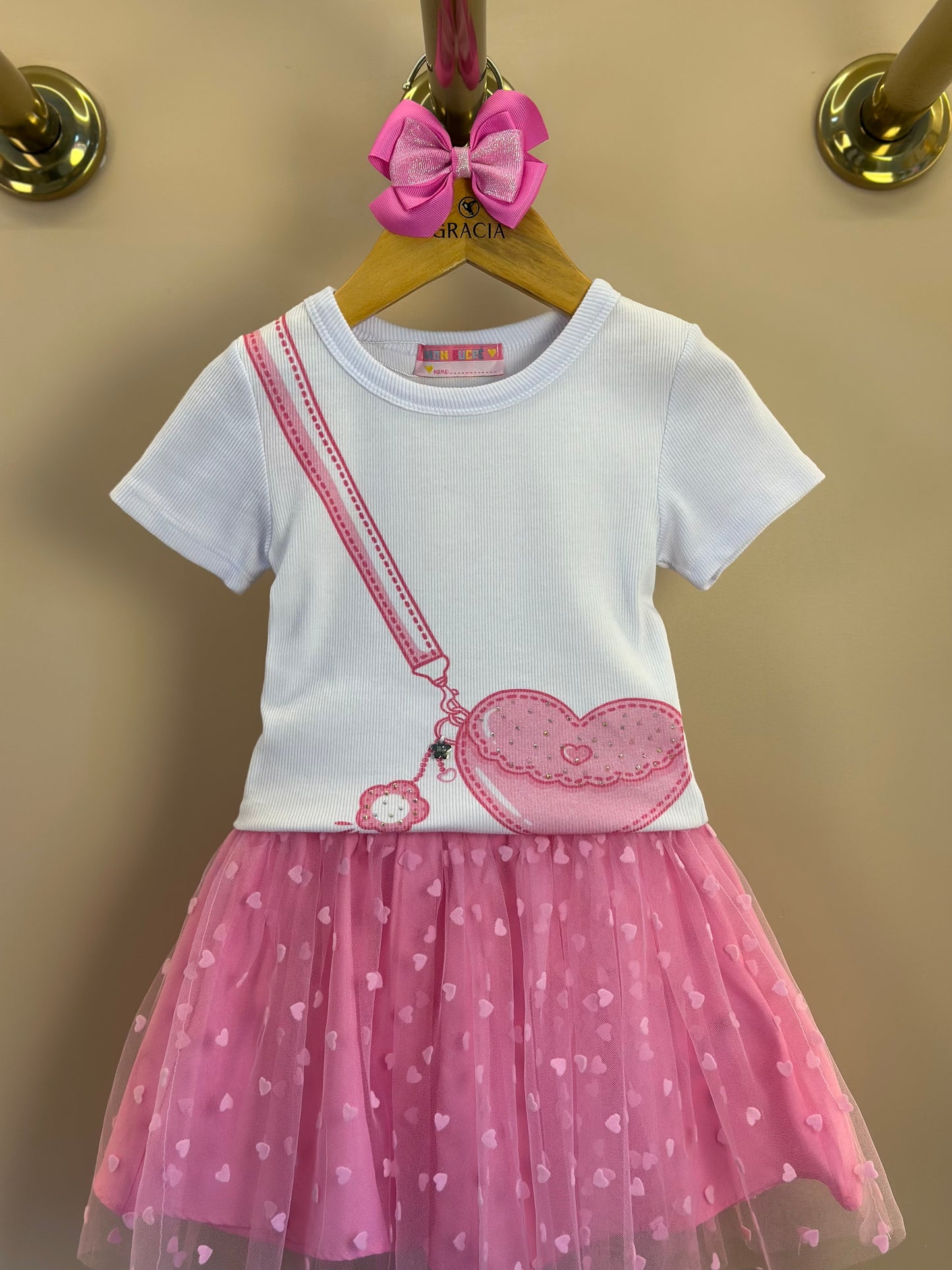 Conjunto Infantil Blusa Bolsa Coração e Saia de Tule Coração - Mon Sucré