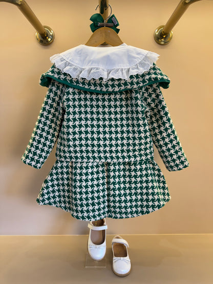 Conjunto Infantil Trio Casaco Tweed Xadrez, Camisa Gola Babados Rendas e Saia Tweed Xadrez - Animê