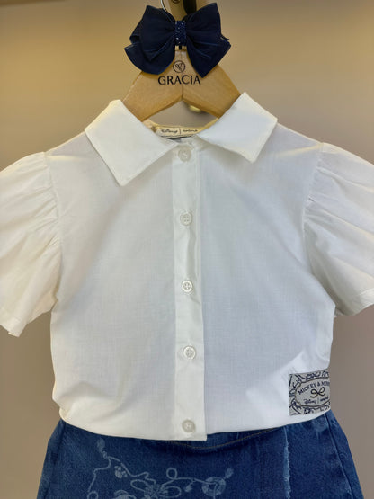 Conjunto Infantil Camisa Mangas Amplas e Laço nas costas e Shorts-saia Jeans Infantil Mickey & Minnie - Animê