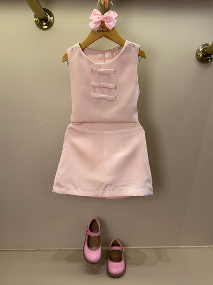 Conjunto Infantil Alfaiataria Blusa Lacinhos e Saia Salmão - Petit Cherie