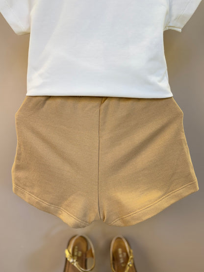 Conjunto Infantil Blusa de Ursinha Cowgirl e Shorts Moletom Bege - Momi