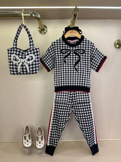 Conjunto Infantil Blusa e Calça Jogging Tricot Xadrez Laço Strass - Pituchinhus