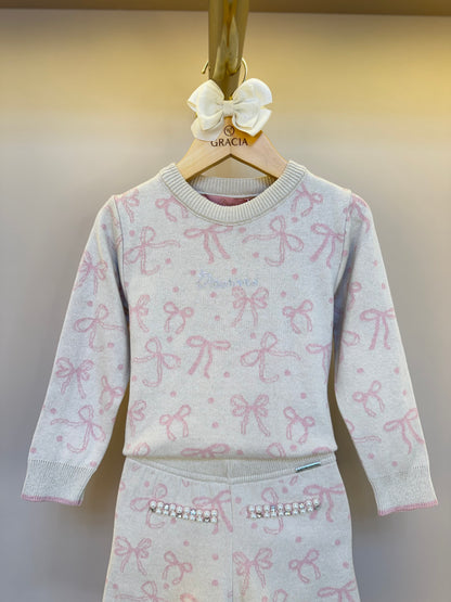Conjunto Infantil Tricot Jacquard Multi-laços Ninive Blusa e Shorts Bolsos Bordados - Pituchinhus