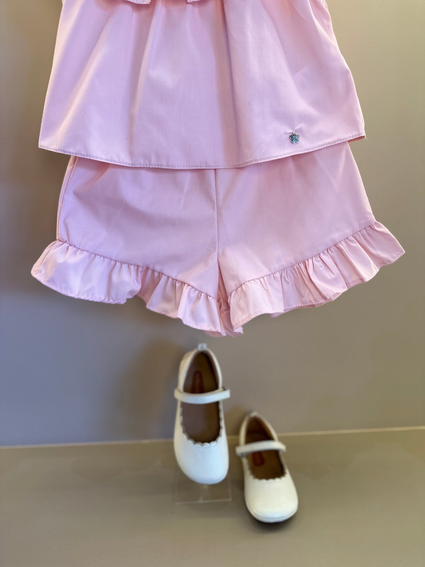 Conjunto Infantil Tricoline Blusa Bordada Flores e Shorts Babadinhos Rosa - Mon Sucré