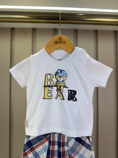 Conjunto Bebê Camiseta-Body Bear e Bermuda Xadrez Azul - Um Mais Um