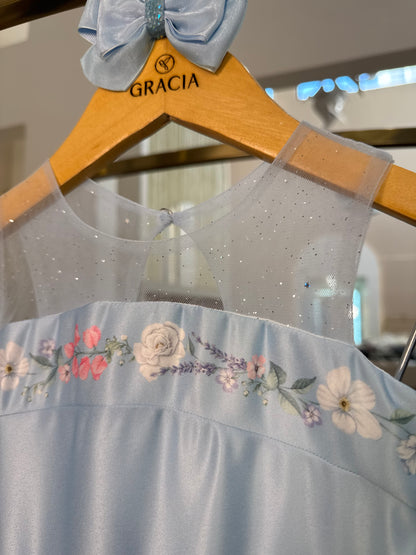 Vestido Infantil Festa Tule Azul Flores - Petit Cherie