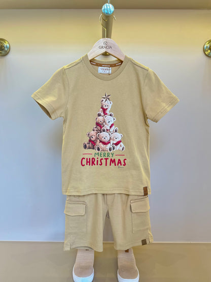 Conjunto Infantil Camiseta Algodão Teddy Natal e Bermuda Ponto Roma Bolsos Cargo Bege - Dame