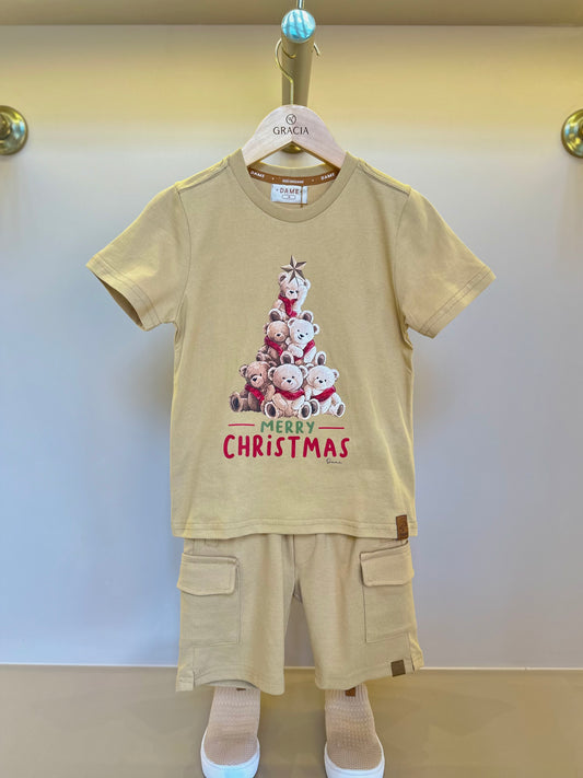 Conjunto Infantil Camiseta Algodão Teddy Natal e Bermuda Ponto Roma Bolsos Cargo Bege - Dame