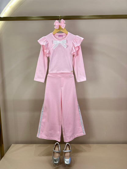 Conjunto Infantil ML Laço e Calça Wide Leg Lateral Glitter Rosa - Luluzinha