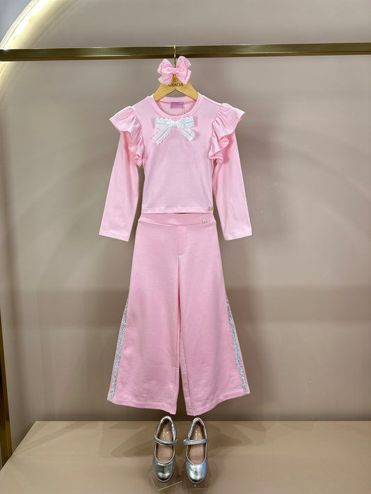Conjunto Infantil ML Laço e Calça Wide Leg Lateral Glitter Rosa - Luluzinha