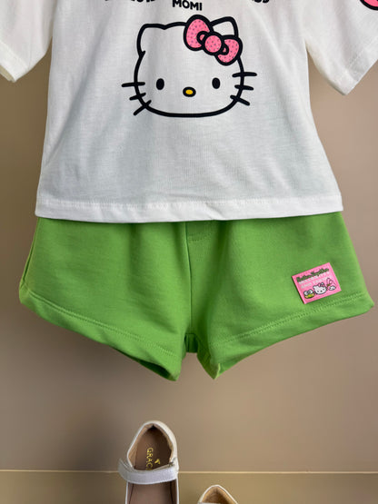 Conjunto Infantil Blusa Hello Kitty e Shorts Verde - Momi