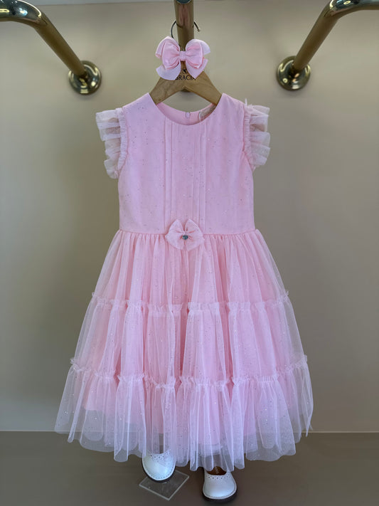 Vestido Infantil Tule Glitter Pregas e Laço Frontal Rosa Claro - Petit Cherie
