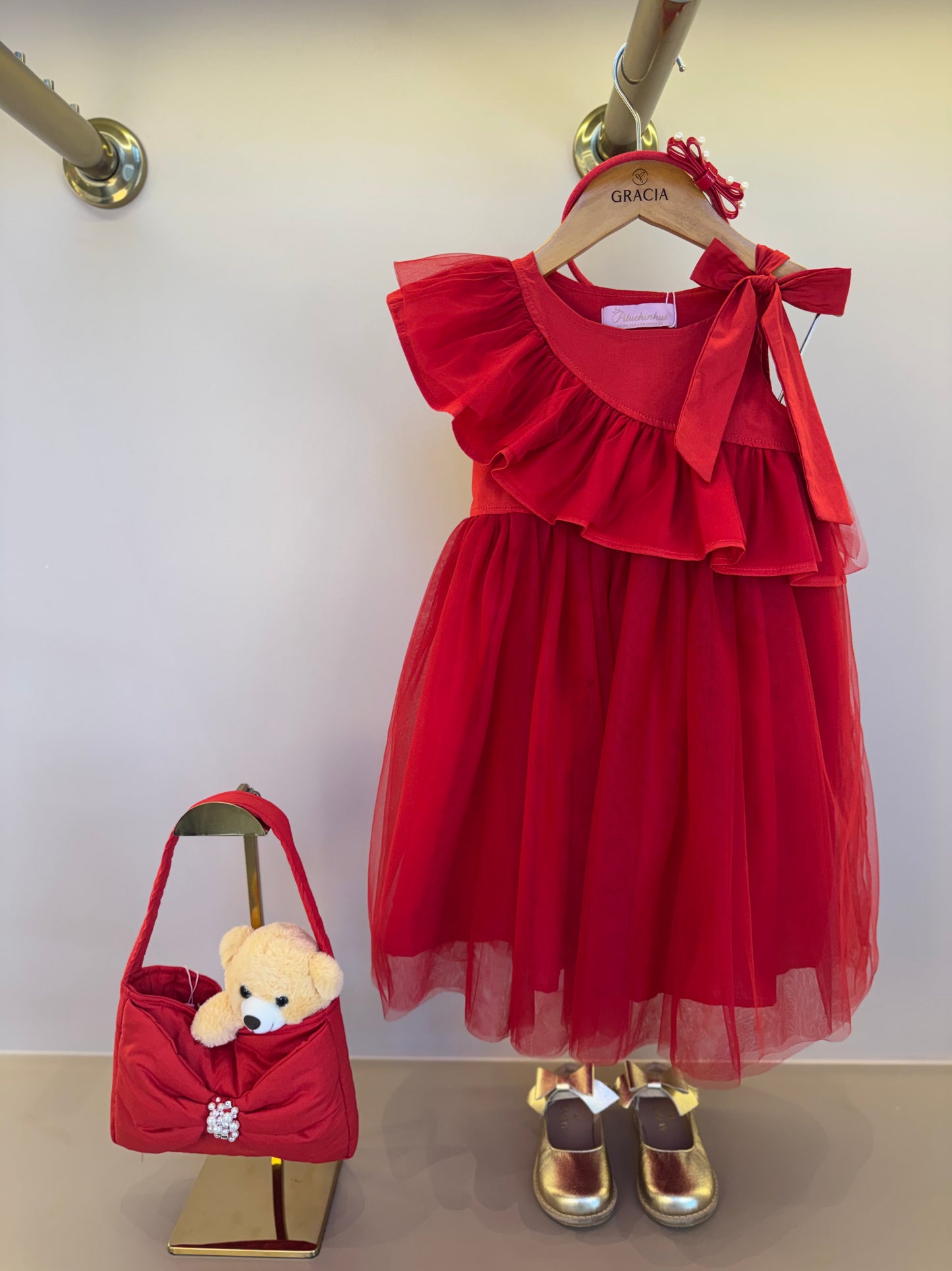 Vestido Infantil Festa Babados, Laço & Tule Vermelho - Pituchinhus