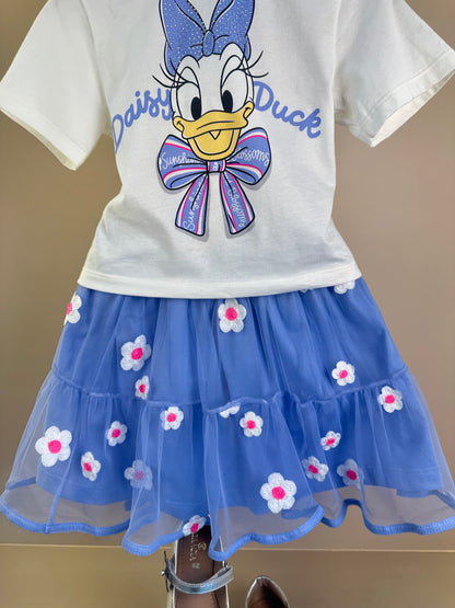Conjunto Infantil  Blusa Daisy Duck Com Strass Pérola e Saia Tule Bordado Flores Lilás - Momi