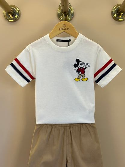 Conjunto Infantil Camiseta Pérola Mickey e Bermuda Sarja Bege - Youccie