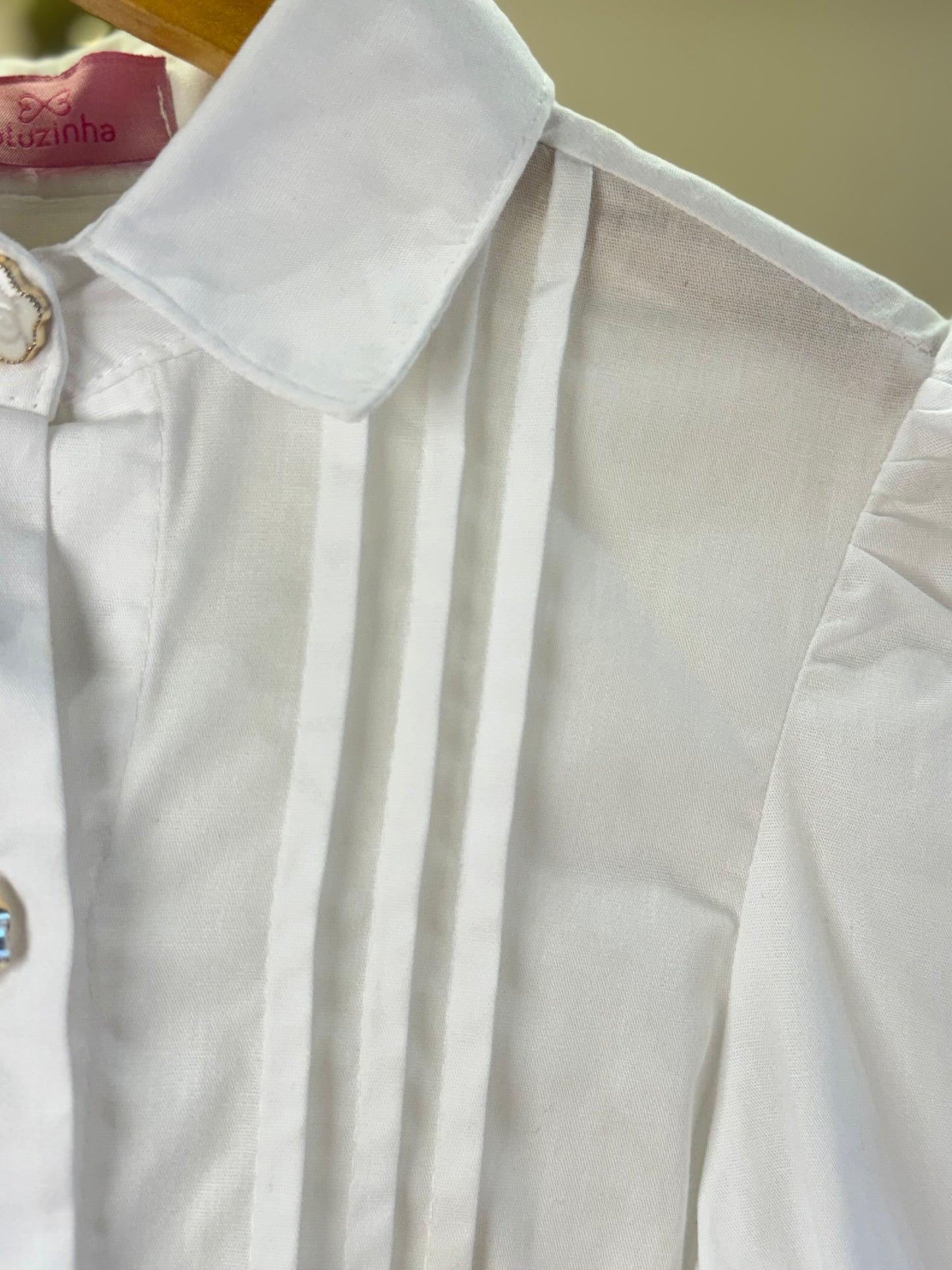Camisa Infantil Algodão Babadinhos Punho Pregas Branca - Luluzinha