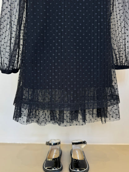 Vestido Infantil Trapézio Tule Plissado Aplicação Laço Preto - Luluzinha