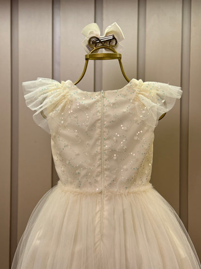 Vestido Infantil Festa Tule Bordado Flocado Busto Amarelo - Petit Cherie