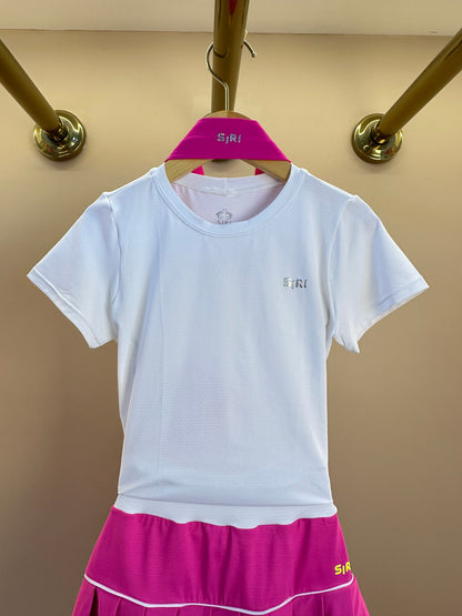 Conjunto Infantil Blusa Maria Dry Branca  e Saia Fernanda Dry Badminton Rosa - Siri Sport